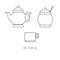 Line flat vector kitchenware icons - teapot, sugar-bowl, cup. Cutlery tools. Cartoon style. Illustration and element for