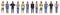Line of a front view of a group of a same teen various outfits on white