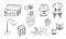 Line furniture icons set. home furniture, comfort. Girl in a chair, soft sofa, cats, bedside table, stool. Girl reads a