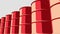 Line of glossy red metal barrels. Cartoon version for presentations and reports. 3D rendering