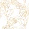 Line golden drawing of Matthiola flowers. Seamless pattern.