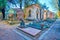 The line of the graves with sculptures, Monumental Cemetery in Milan, Italy