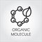 Line icon of leaf and molecular compound symbolizing organic technology. Simplicity black emblem. Vector logo