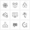 Line Icon Set of 9 Modern Symbols of heart, time, ladies purse, clock, stopwatch