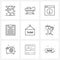 Line Icon Set of 9 Modern Symbols of hotel, report, application, page, web