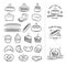 Line icons of bread and other products from which you can create a cool vintage logo for groceries, bakeries, cakery, shops