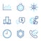 Line icons set. Included icon as Security, Time, Share call signs. Networking, University campus, Gear symbols. Vector