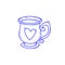 Line illustration of exquisite mug, cup of tea or coffee with heart in doodle style isolated on a white background