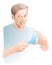 Line illustration of young man with an inhaler with a medication.