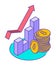 Line isometric illustration of pile of bitcoins at growth graph