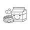 Line kawaii donuts with milk box and heart