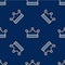 Line King crown icon isolated seamless pattern on blue background. Vector