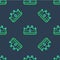 Line King crown icon isolated seamless pattern on blue background. Vector