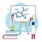 Line laboratory research vector illustration, cartoon flat tiny scientist character working, analyzing molecular