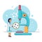 Line laboratory research vector illustration, cartoon flat tiny scientist woman character working with lab microscope