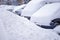 Line made of vehicles covered with snow