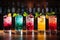 Line of many colorful alcoholic cocktails on a bar in a nightclub on dark. Generative AI