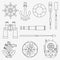 Line marine icons set. Nautical design elements anchor, wheel, lifebuoy, compass, harpoon, paddle, diving helmet