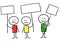 Line men holding signs from unhappy to happy, cartoon style illustration