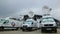 Line with Mercedes Minibuses with Large Satellite Dishes