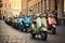 A line of mopeds neatly lined up next to each other on a picturesque cobblestone street, Retro Vespa scooters in different shades