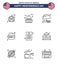 Line Pack of 9 USA Independence Day Symbols of declaration; fast food; american; burger; state