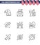 Line Pack of 9 USA Independence Day Symbols of holiday; festivity; mail; celebration; bottle