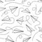 Line paper airplane seamless pattern. Flying planes from different direction with dotted line tracks, black drawing