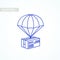 Line parcel box item. Shipping service concept. Flat outline design colored illustration of package with parachute. Fast