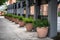 Line of pots under the stone fence