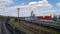 A line of railroad train tanker cars. Industrial Zone. empty wagons. Point on top