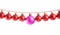 Line of red christmas balls and one lilac or purple ball on white background. Christmas decorations.