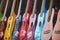 A Line of Shiny, Colorful, Miniature Guitars