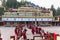 Line of Tibetan monks in front of Rumtek Monastery for welcoming high level monk near Gangtok. Sikkim, India.