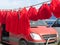 Line of traditional hanging red pompons of the horses of Romania