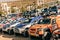 Line up of many rally raid cars and trucks on the beach of Agadir at the start of the Morocco Desert Challenge 2023.