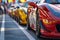 A line of vibrant red sports cars parked neatly along the roadside, A set of sports cars lined up at the start line, ready for the