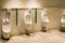 Line of white porcelain urinals in clean, light public toilets