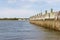 Line of wooden pilings in the Long Island Sound