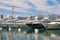 Line of yachts in port. Montenegro, Adriatic Sea, Bay of Kotor. Marina Porto Montenegro in Tivat city