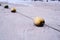Line of yellow buoys tied by rope on the beach blur blackground