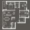 Linear architectural sketch plan of three bedroom apartment on gray background