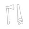 Linear ax and saw icon. Can be used as a sticker, symbol or sign. Outline saw and axe for hiking, to chop and saw