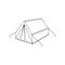 Linear black white tent icon. Sticker, symbol, sign. Tent for hiking and traveling. Outline tent for wild life in nature