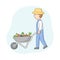 Linear Cartoon Farmer In Hat And Denim Overalls Pushing Wheelbarrow With Vegetables. Young Male Agricultural Worker With