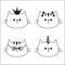 Linear cat head face silhouette icon set. Crown, unicorn horn, glasses, sunglasses, bow. Contour line. Cute cartoon kitty characte