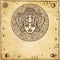 Linear drawing: decorative image of an ancient Indian deity. Space symbols.