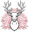 Linear drawing of the head of a young horned deer, openwork red flowers.
