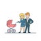 Linear Flat couple walking with pram vector. Busin