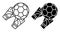 Linear icon. Goalkeeper gloved hands catch flying soccer ball. Football goalie gear to protect football goals. Simple black and